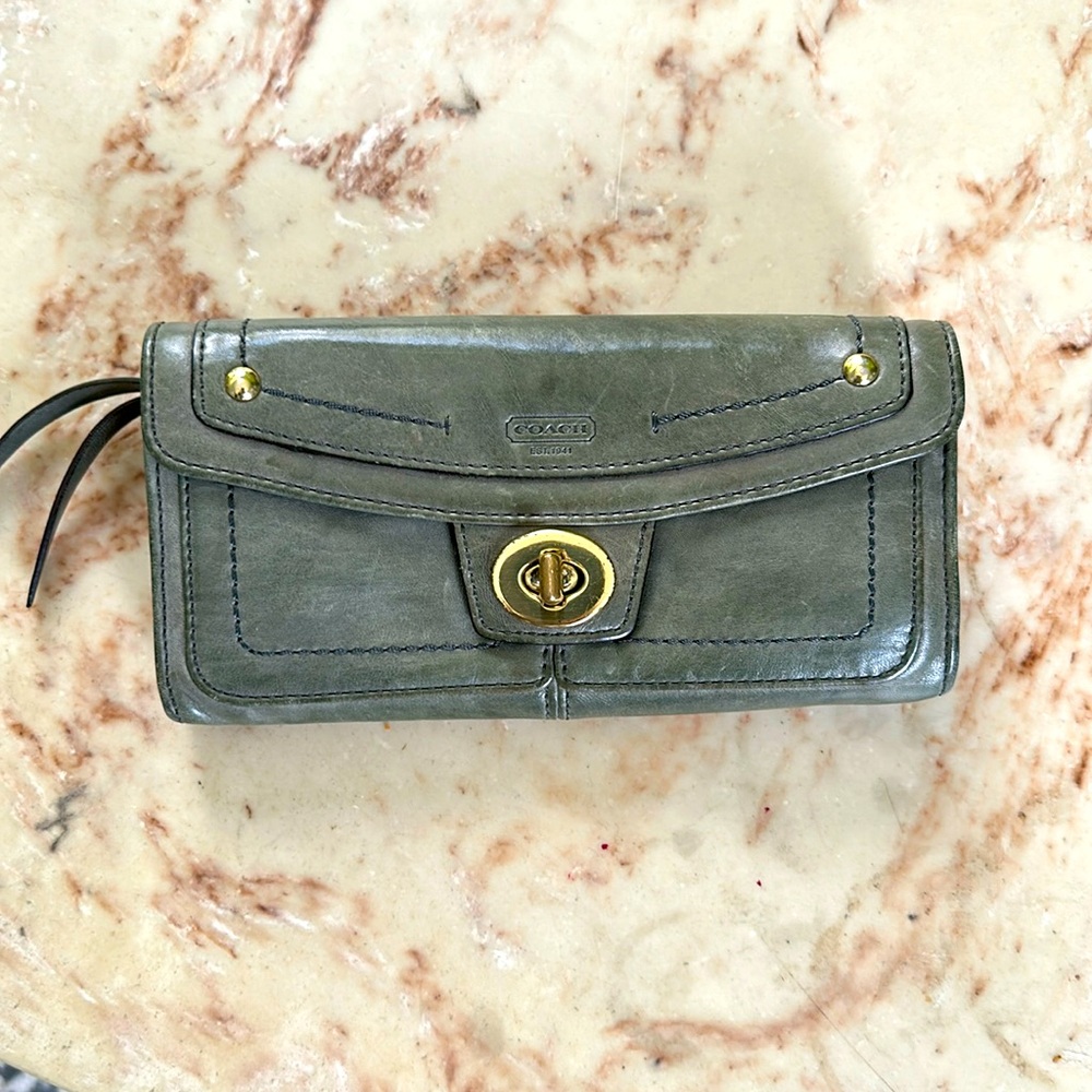 Classic Coach Wallet in moss green with shell pink interior.